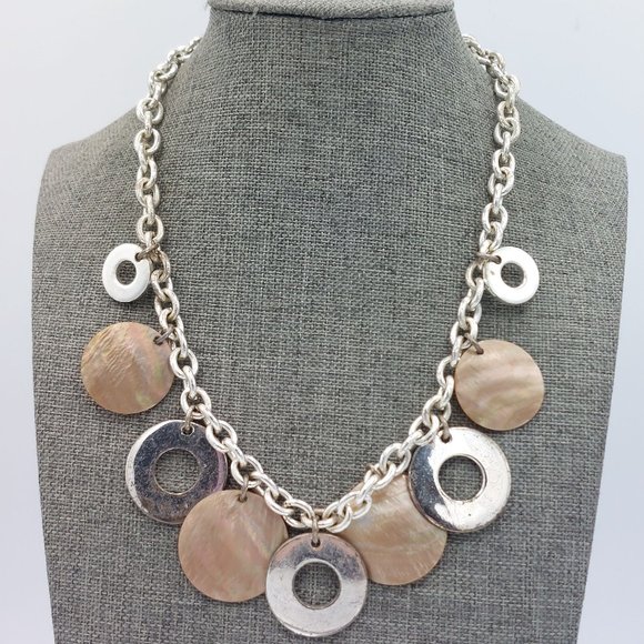 Vintage Necklace Chunky Bib Mother of Pearl and Metal Circle Charms Boho Rope Ch - Picture 3 of 9